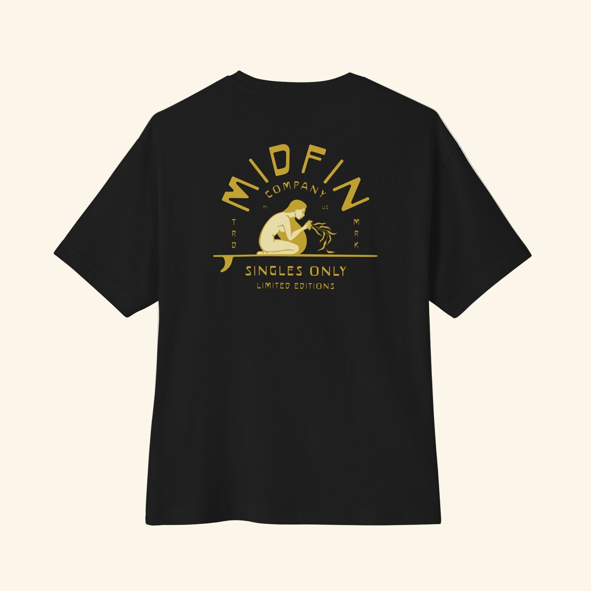 Black t-shirt with gold graphic and text on a white background