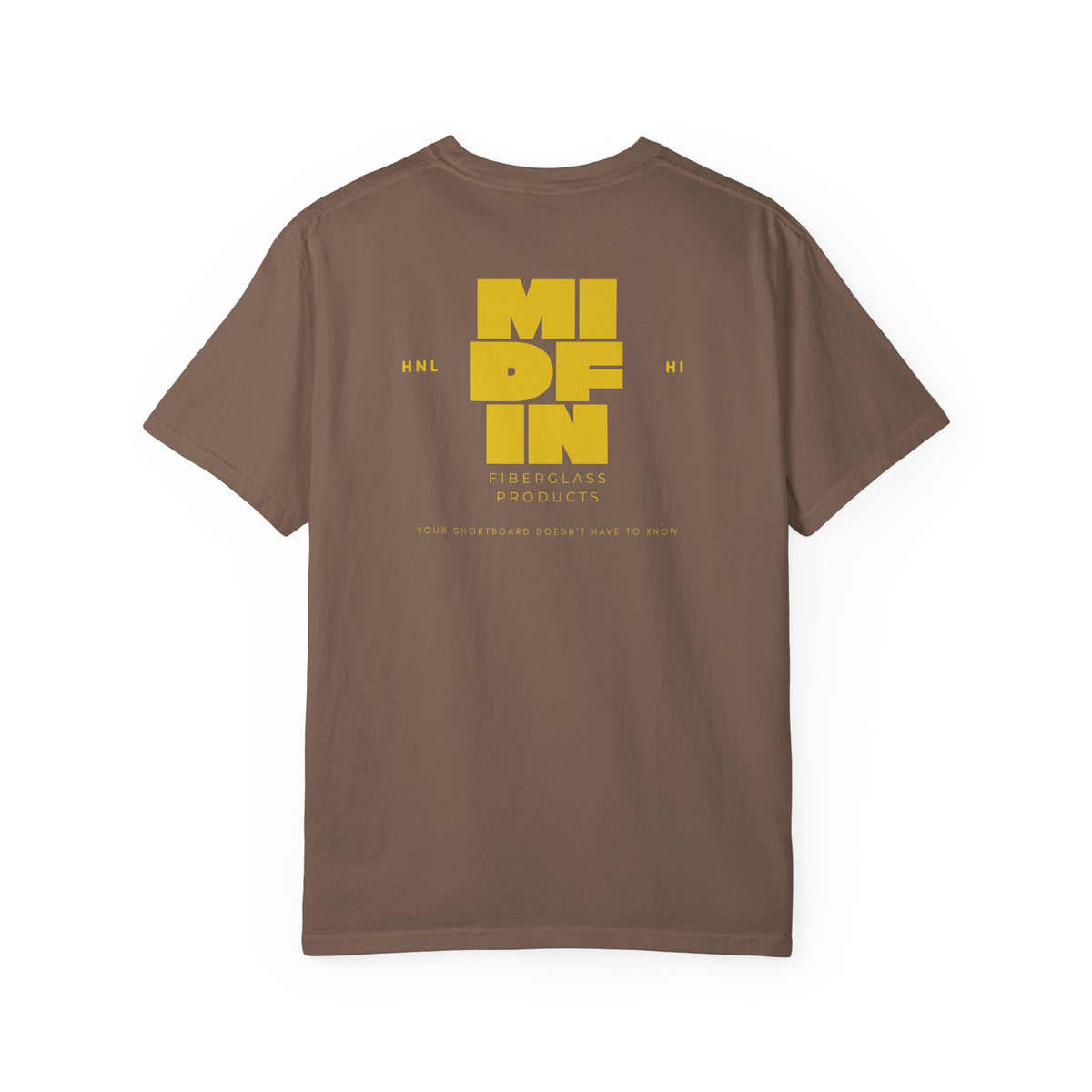 Jenga Tee in Espresso, back: stacked MIDFIN block logo in mustard with HNL / HI and Fiberglass Products