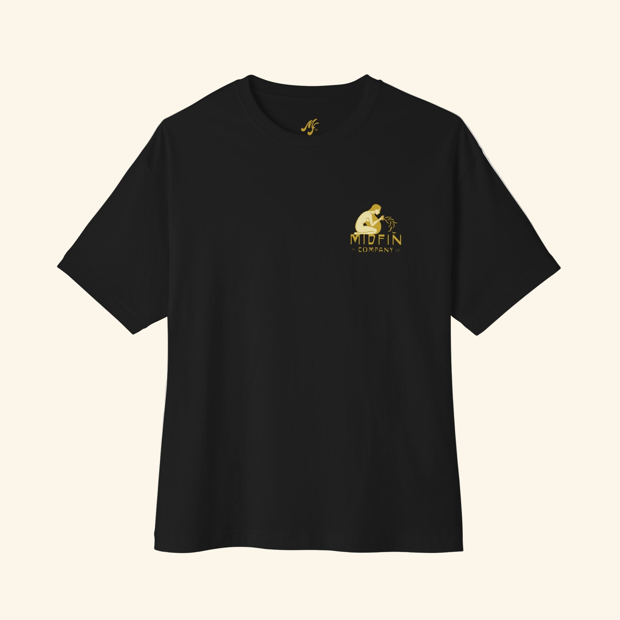 Black t-shirt with a gold logo on a white background