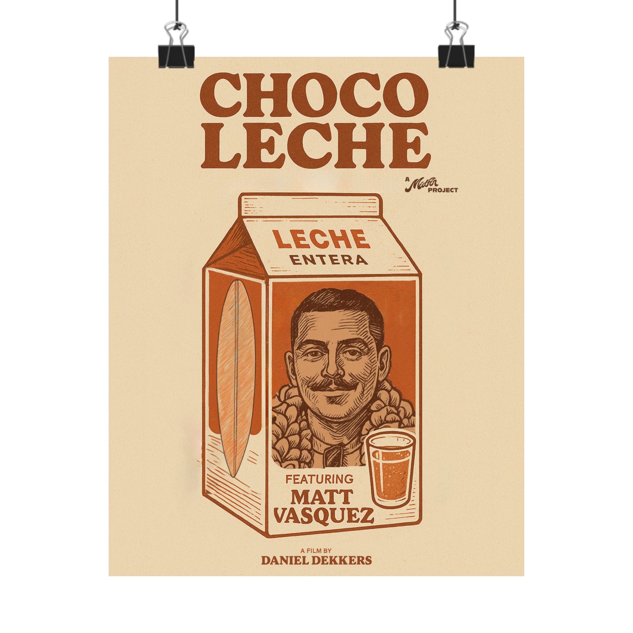 Poster of a chocolate milk carton with a person's face on it, featuring text 'Choco Leche' and 'Leche Entera'.