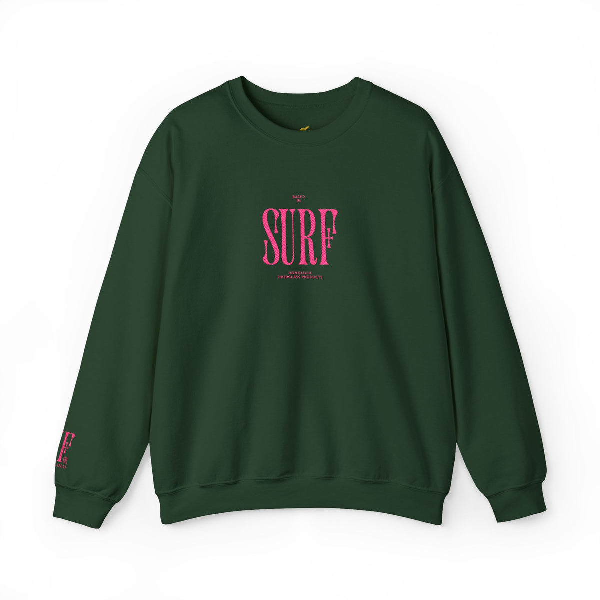 Honolulu Fiberglass Sweatshirt in Forest Green, front: Based in Surf embroidered in hot pink
