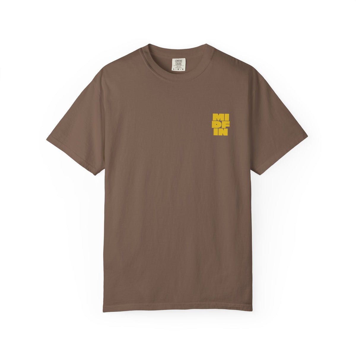 Jenga Tee in Espresso, front: small stacked MIDFIN logo on the left chest