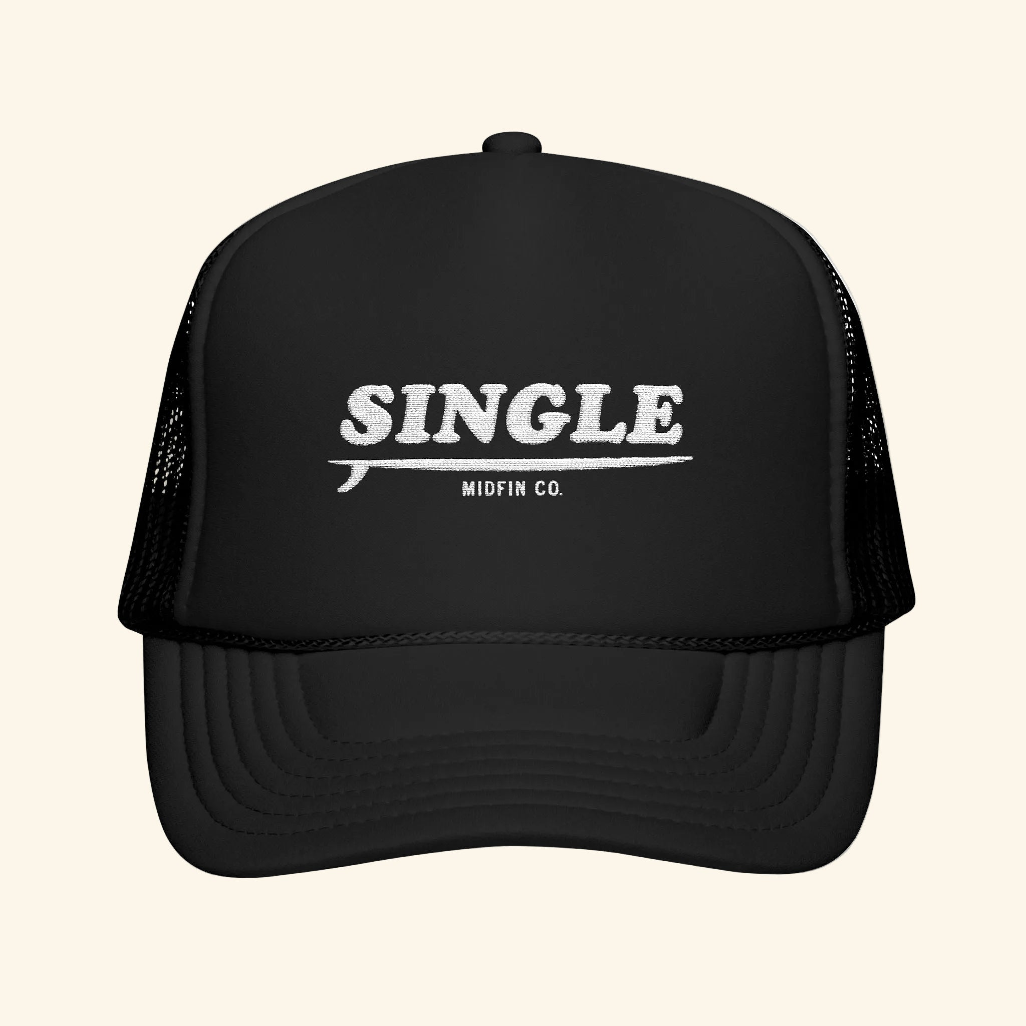 Black trucker cap with 'SINGLE' and 'MIDFIN CO.' text on a white background
