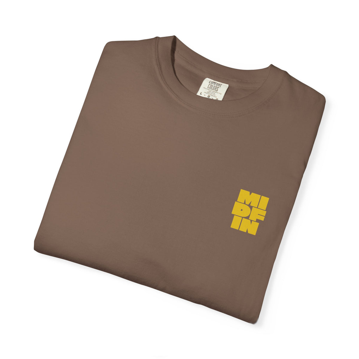 Jenga Tee in Espresso, folded, showing the chest logo and neck label