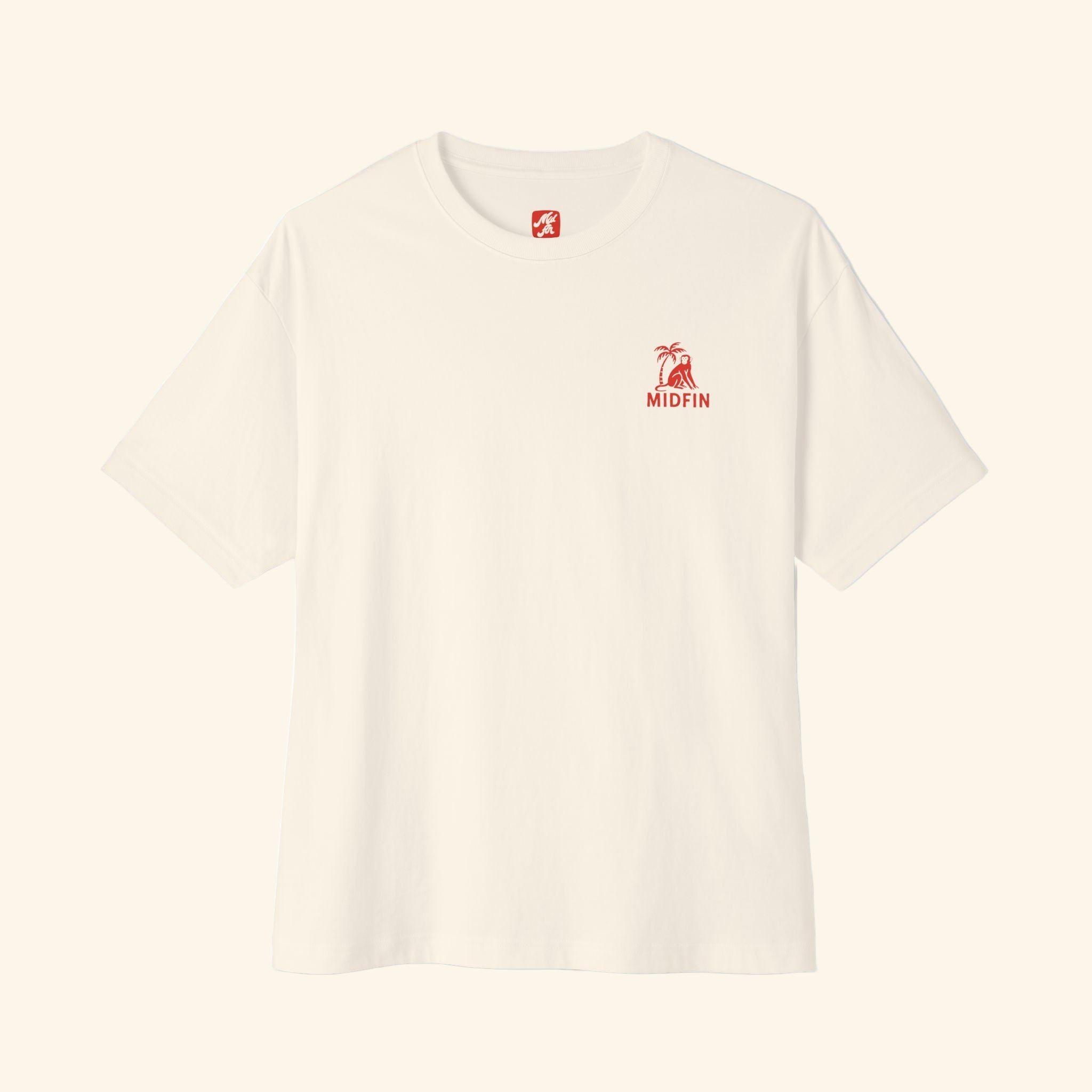 Beige t-shirt with a red logo on a white background