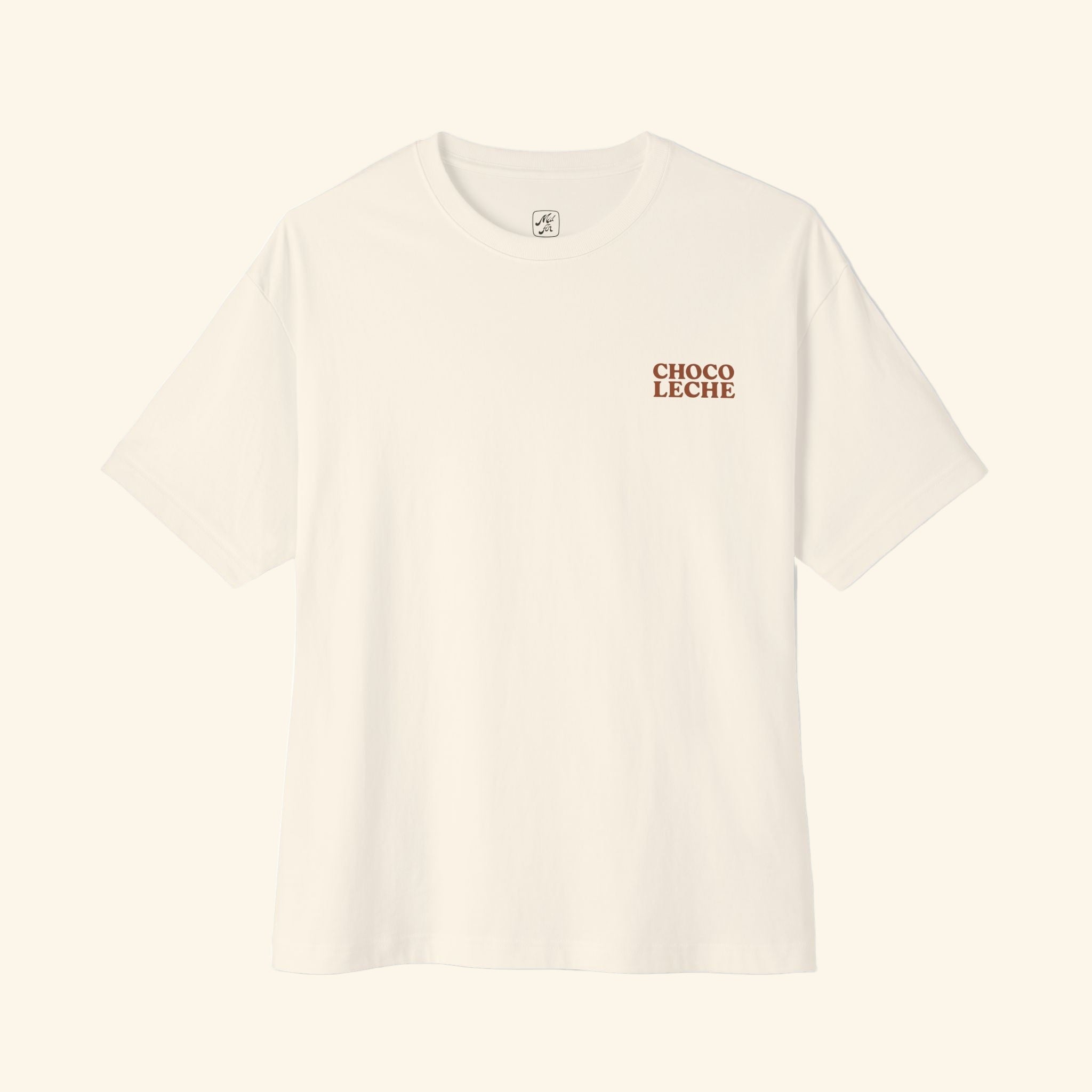 Beige t-shirt with 'Choco Leche' text on a white background