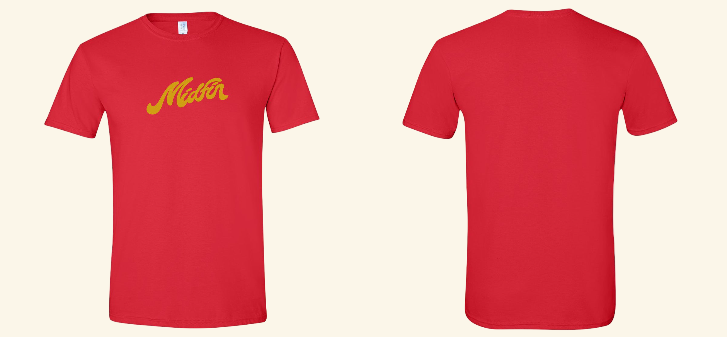 Red t-shirt with yellow logo on a white background