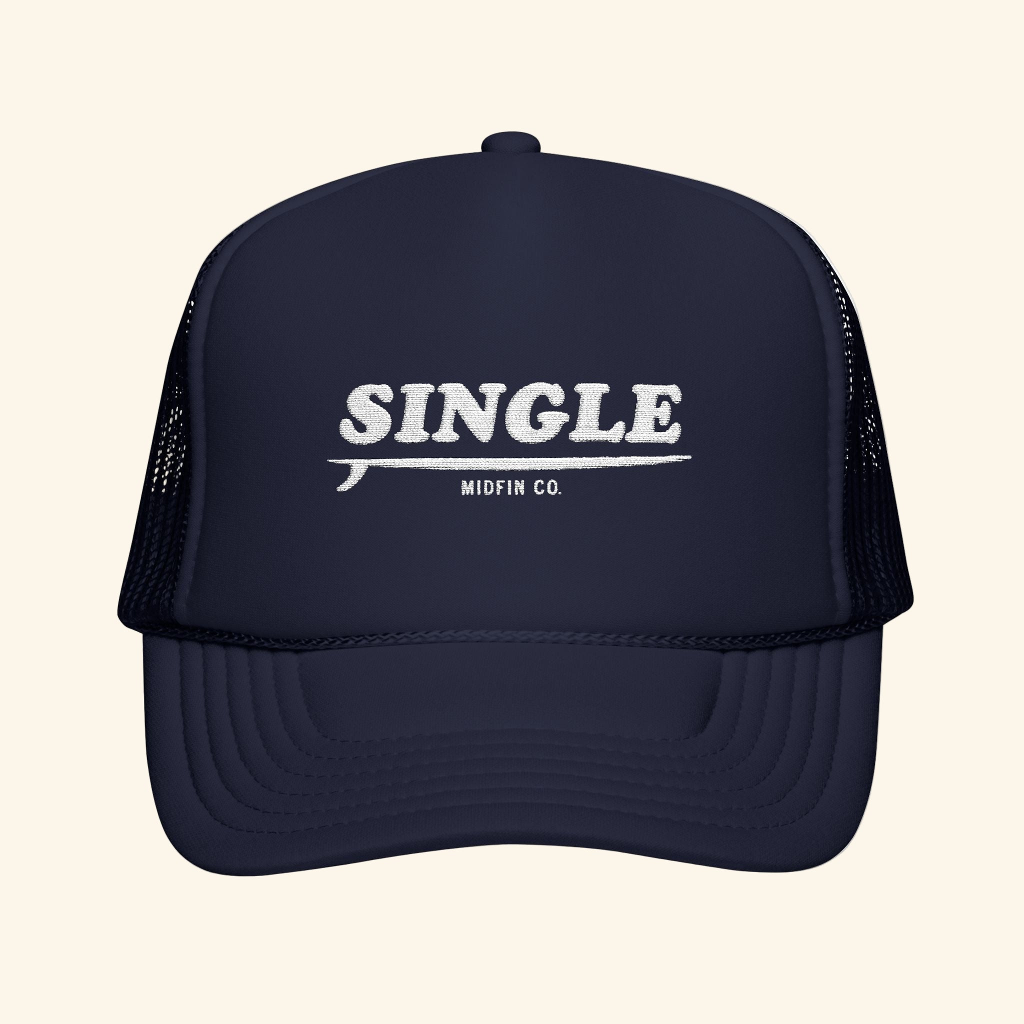 Navy blue trucker hat with 'SINGLE' text on a white background