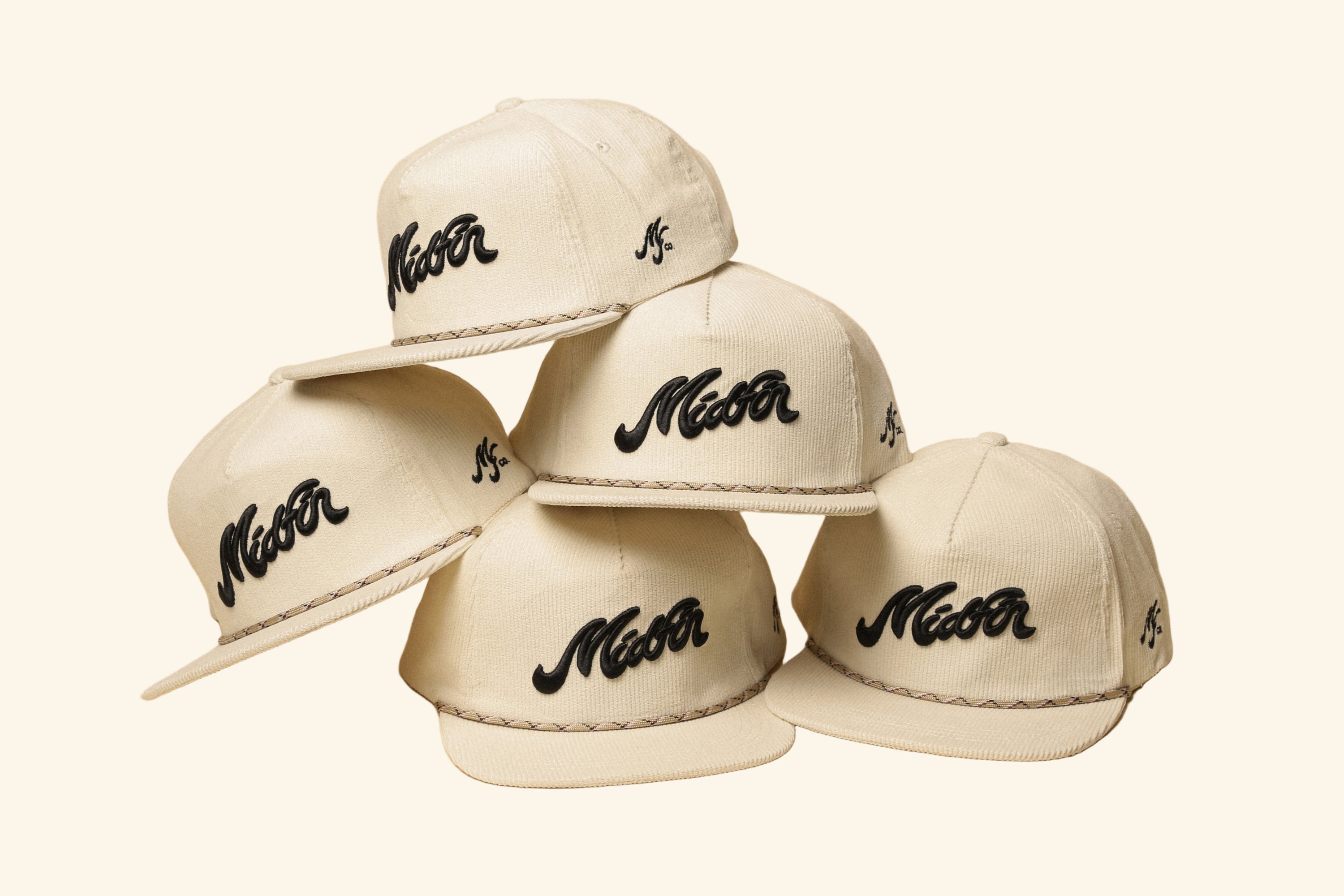 Five beige caps with black Midfin branding on a beige background