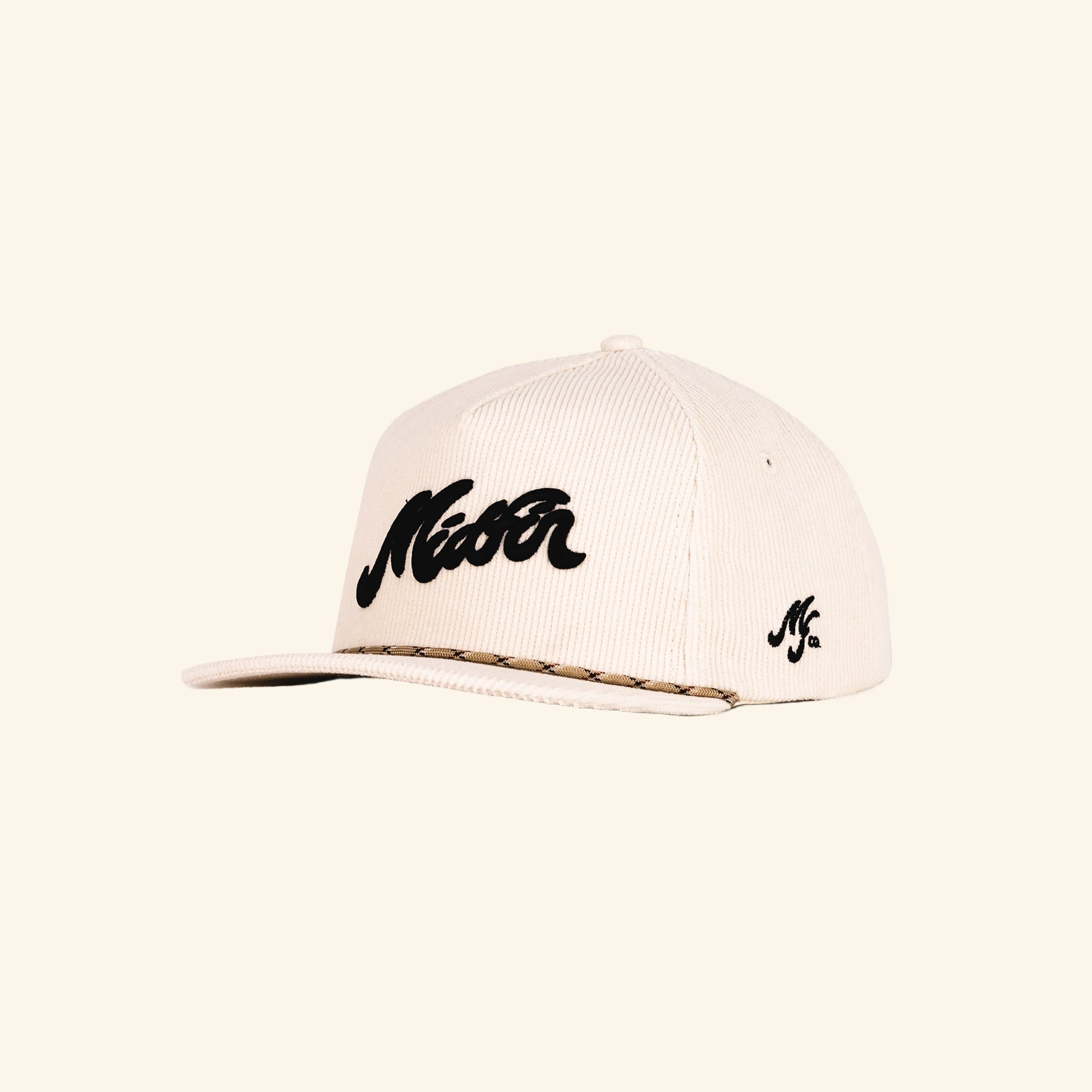 Beige cap with black logo on a white background