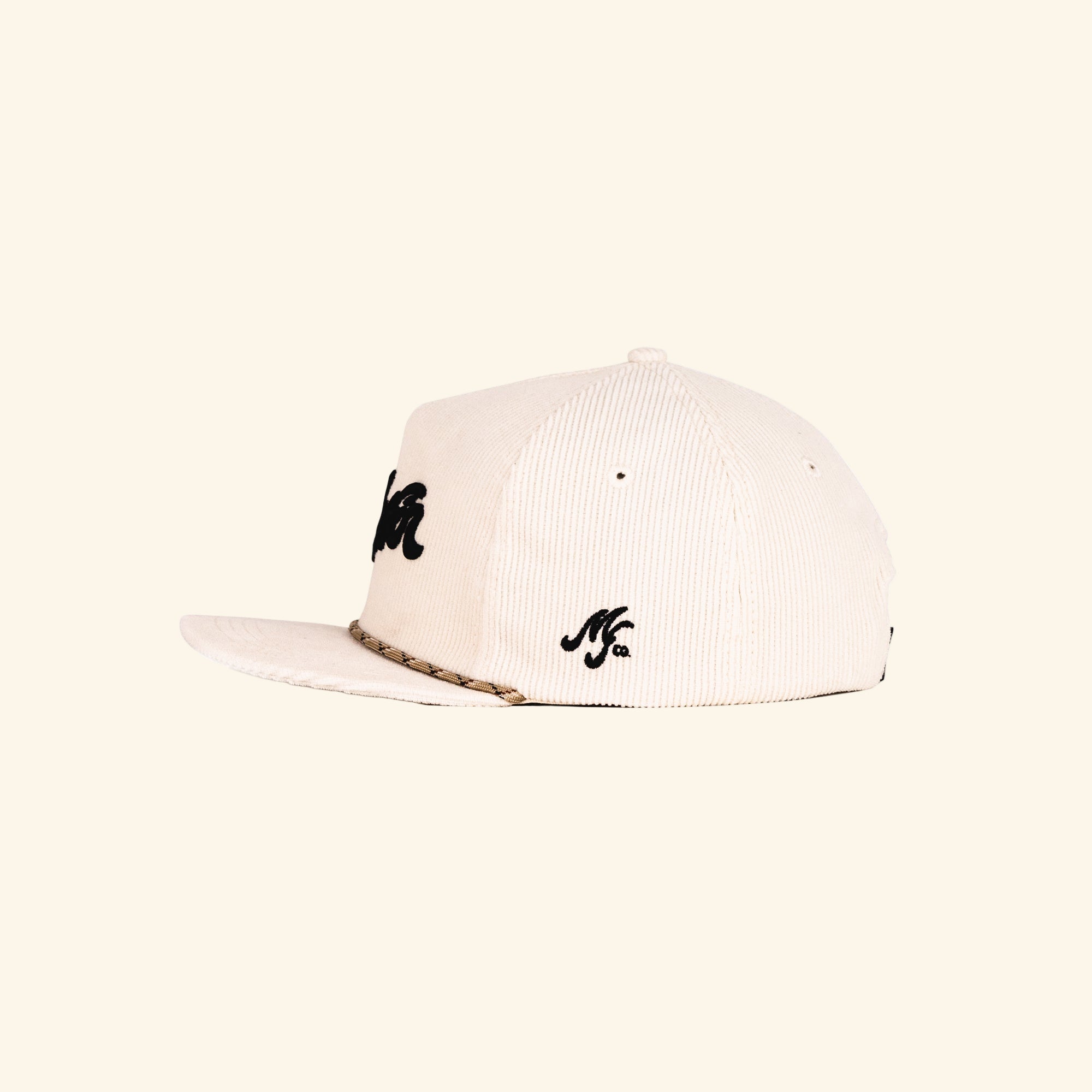 Beige cap with black logo on a white background