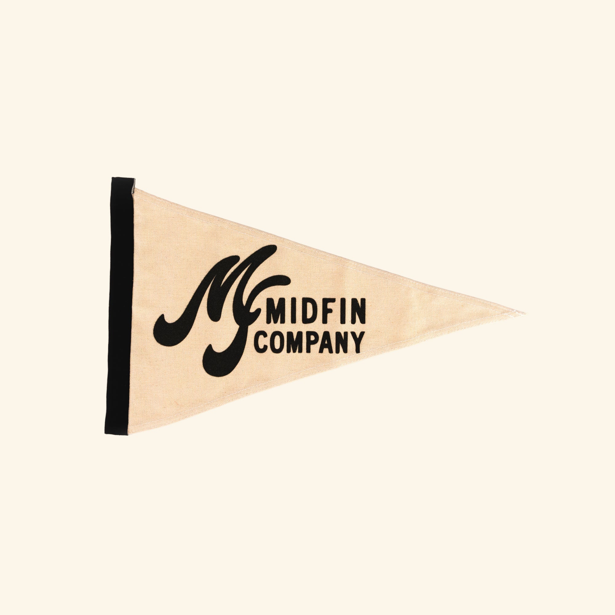 Triangle-shaped wooden flag with 'Midfin Company' logo on a white background
