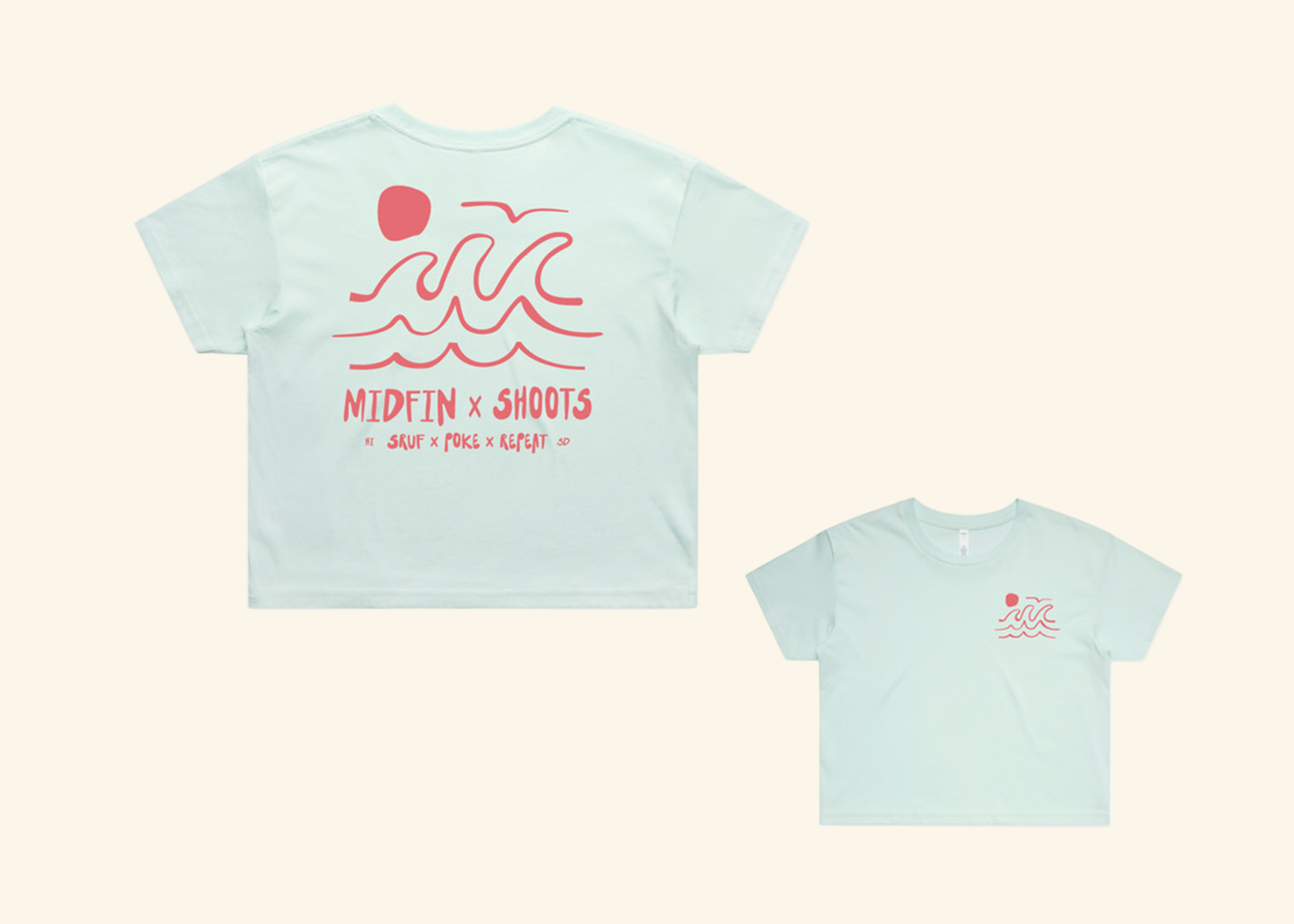 Light blue t-shirt with red graphics and text on a white background