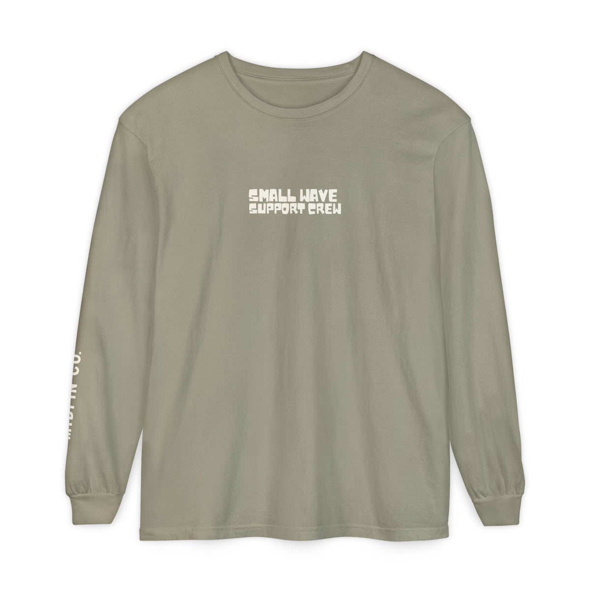 Small Wave Support Crew longsleeve in Sandstone, front chest print and Midfin Co. sleeve print