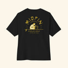 Black t-shirt with gold graphic and text on a white background