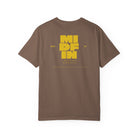 Jenga Tee in Espresso, back: stacked MIDFIN block logo in mustard with HNL / HI and Fiberglass Products