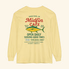 Yellow long-sleeve shirt with Midfin Cafe branding and fish graphic on a white background