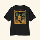 Black t-shirt with 'Bingin Beach Mid Fin' graphic on a white background