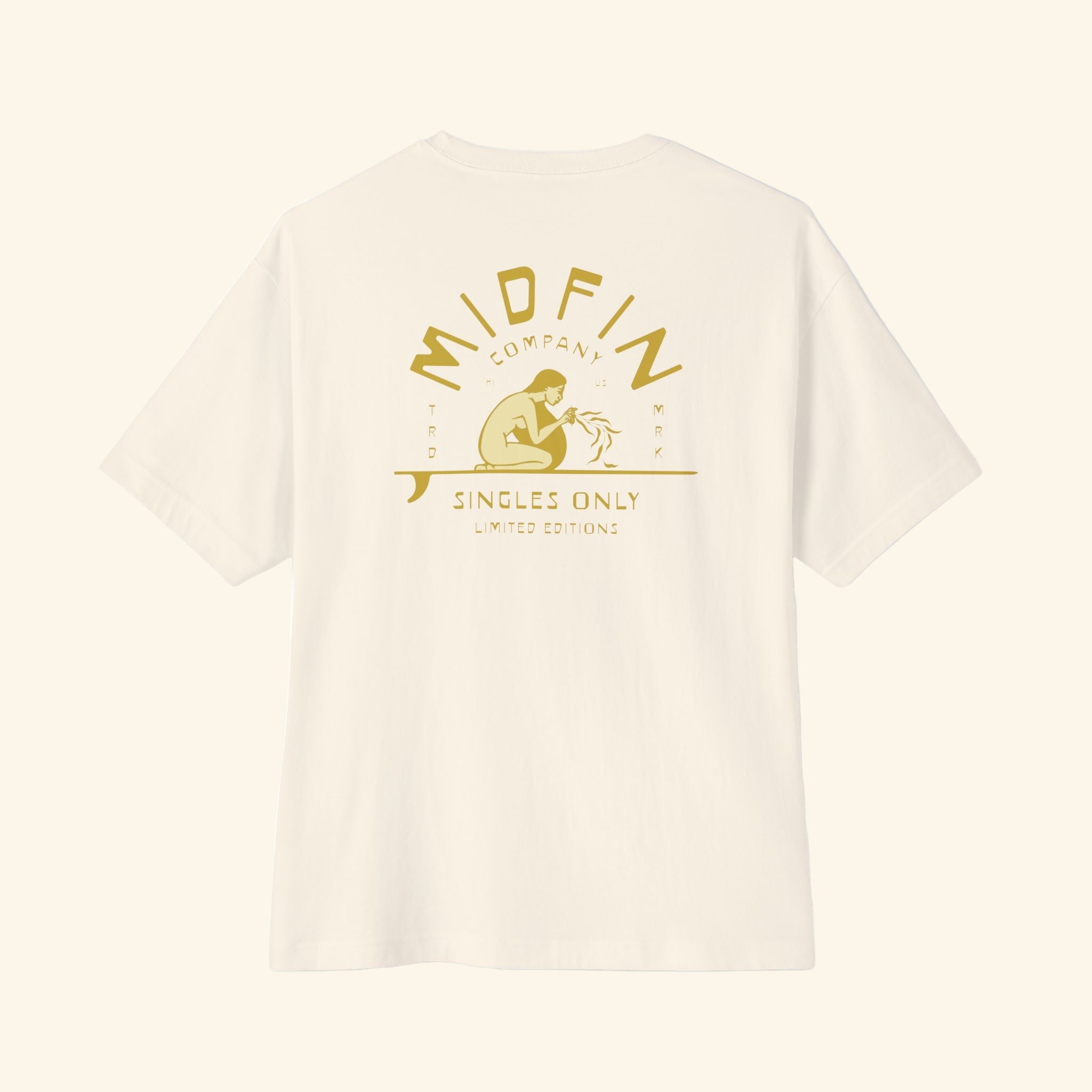 Beige t-shirt with gold graphic design on a white background