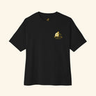Black t-shirt with a gold logo on a white background