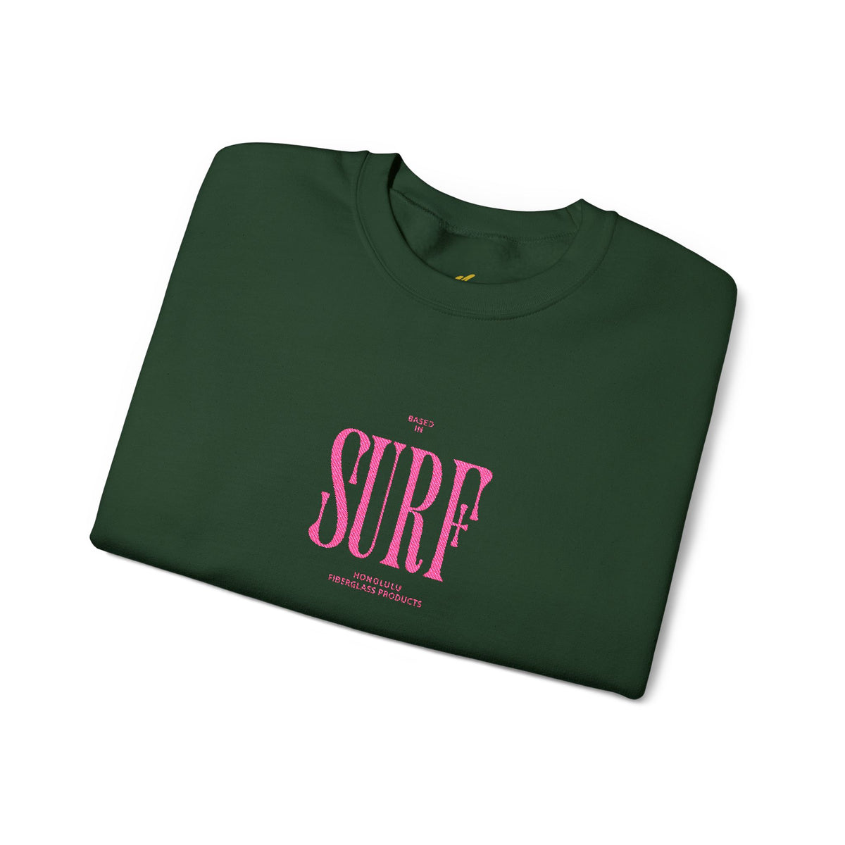 Honolulu Fiberglass Sweatshirt in Forest Green, folded, showing the embroidered chest