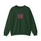 Honolulu Fiberglass Sweatshirt in Forest Green, front: Based in Surf embroidered in hot pink