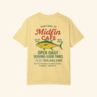 Yellow t-shirt with red text and fish graphic on a white background