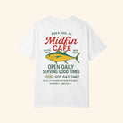 White t-shirt with Midfin Cafe branding and fish graphic on a white background