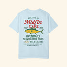 Light blue t-shirt with red text and a fish graphic on the back, featuring 'Midfin Cafe' branding.
