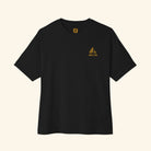Black t-shirt with a yellow logo on a white background