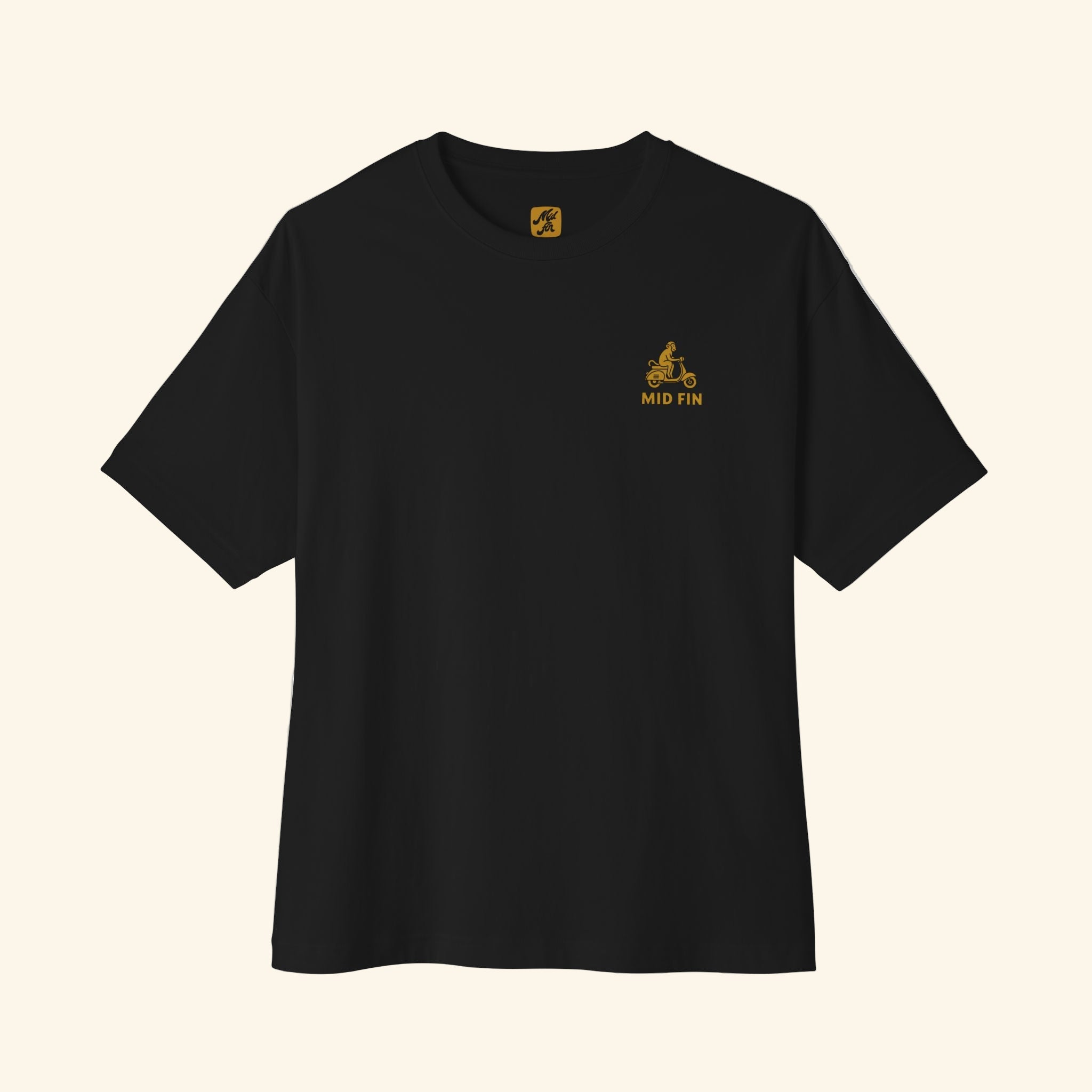 Black t-shirt with a yellow logo on a white background