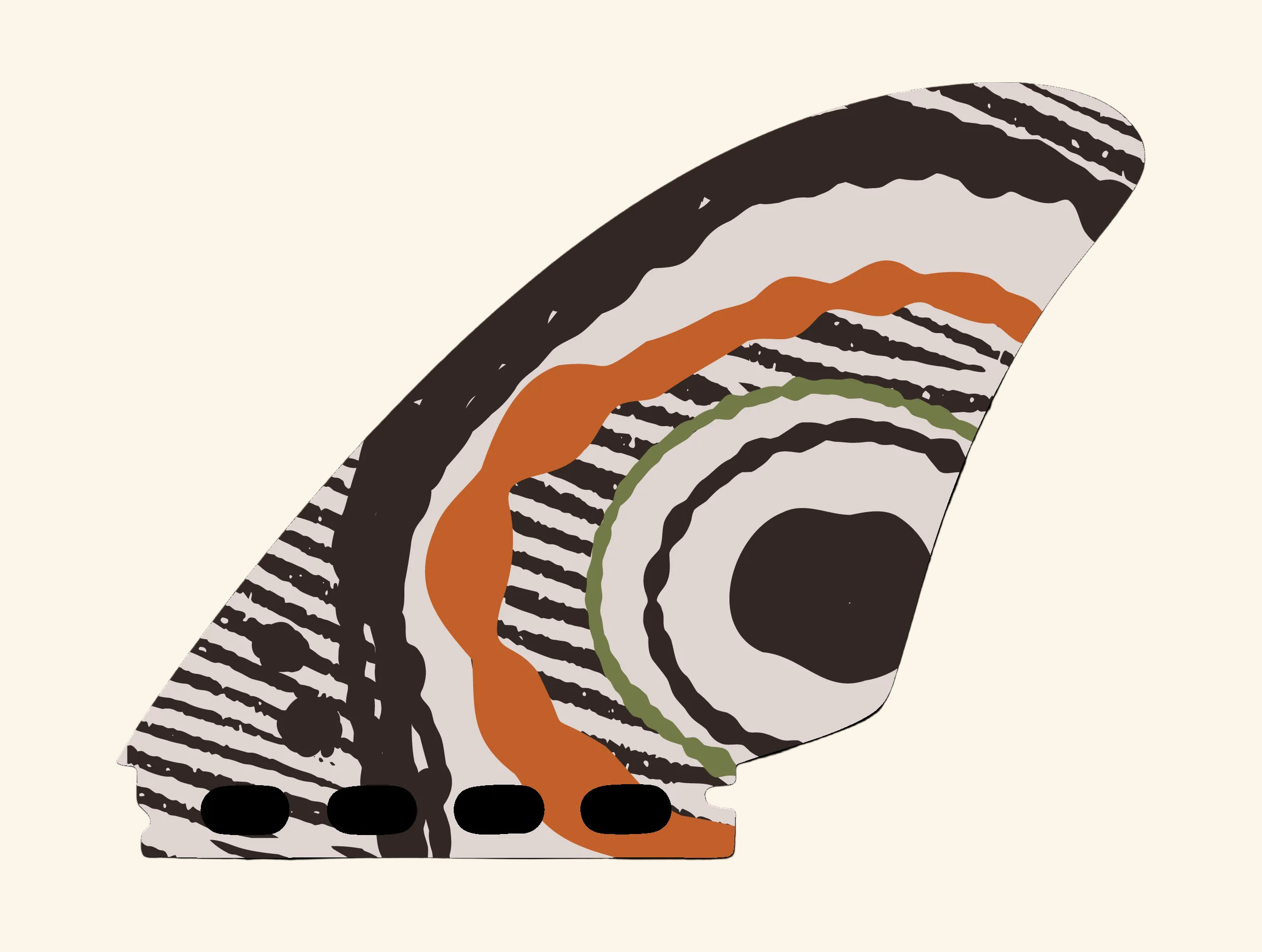 Decorative surf fin with black, orange, and white pattern on a white background