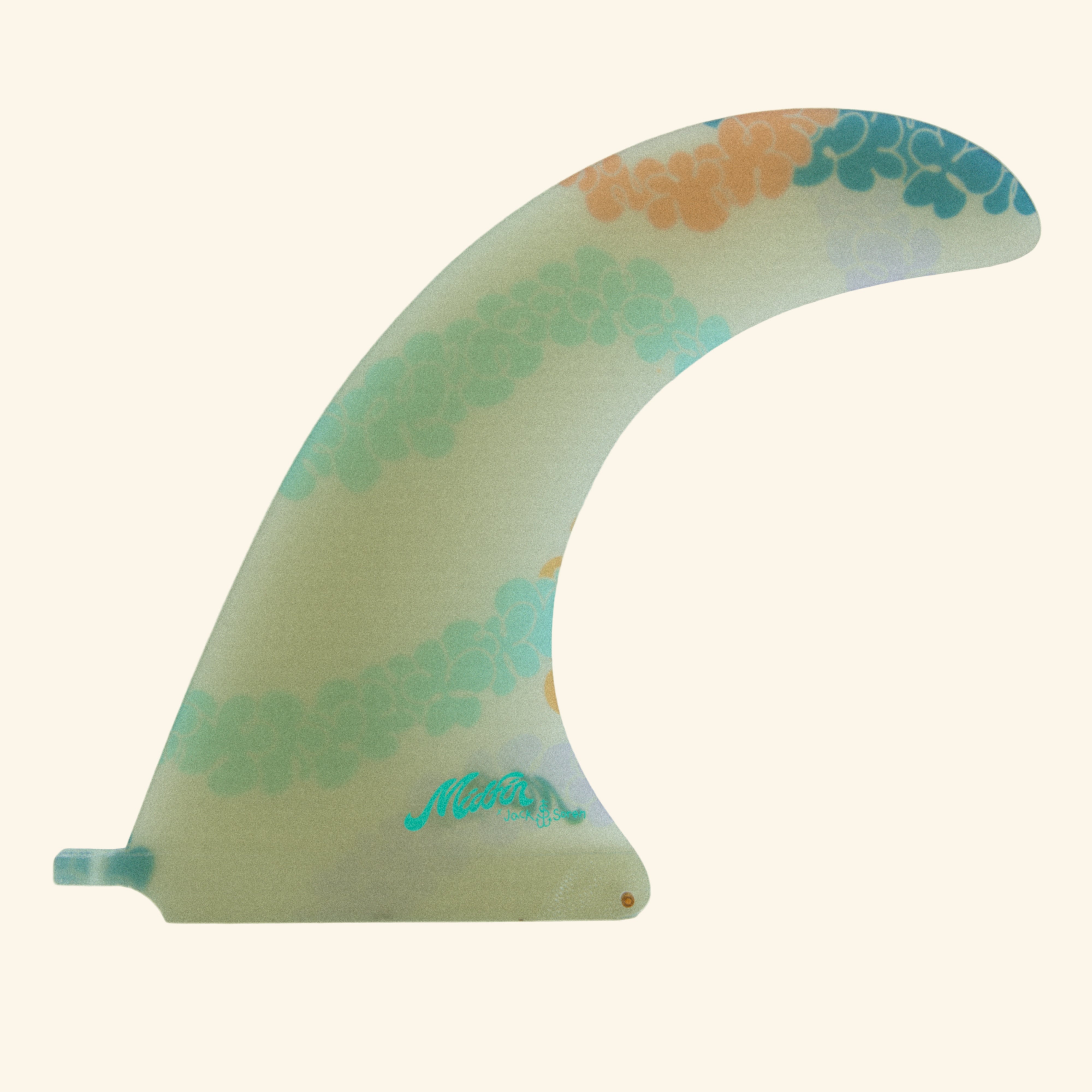 Decorative surfboard fin with floral pattern on a white background