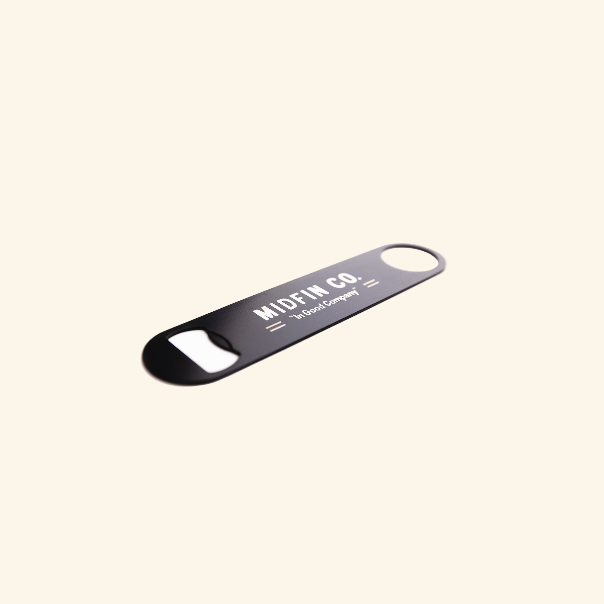 Metal bottle opener with 'Midfin Co.' branding on a white background