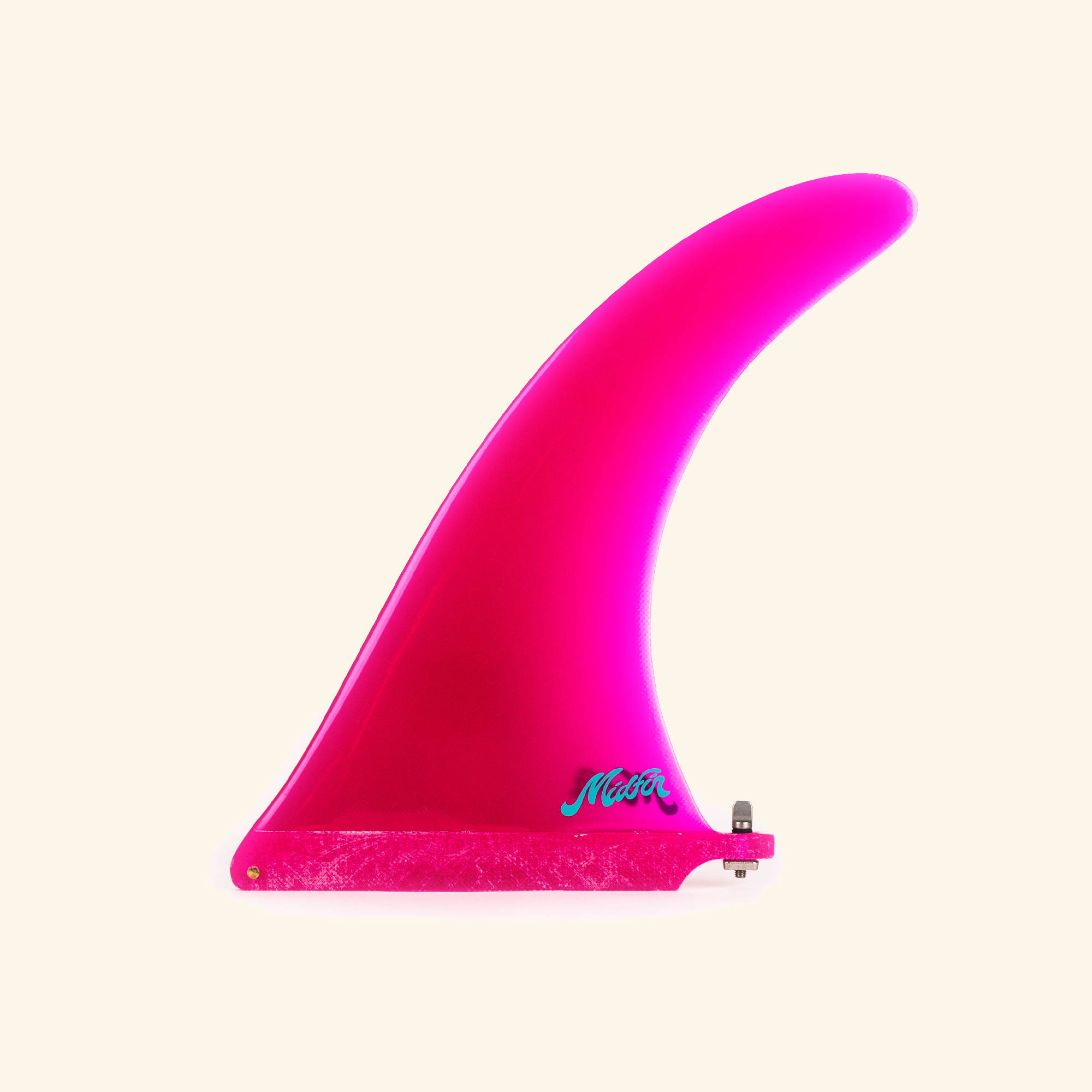 Pink surf fin with a brand logo on a beige background