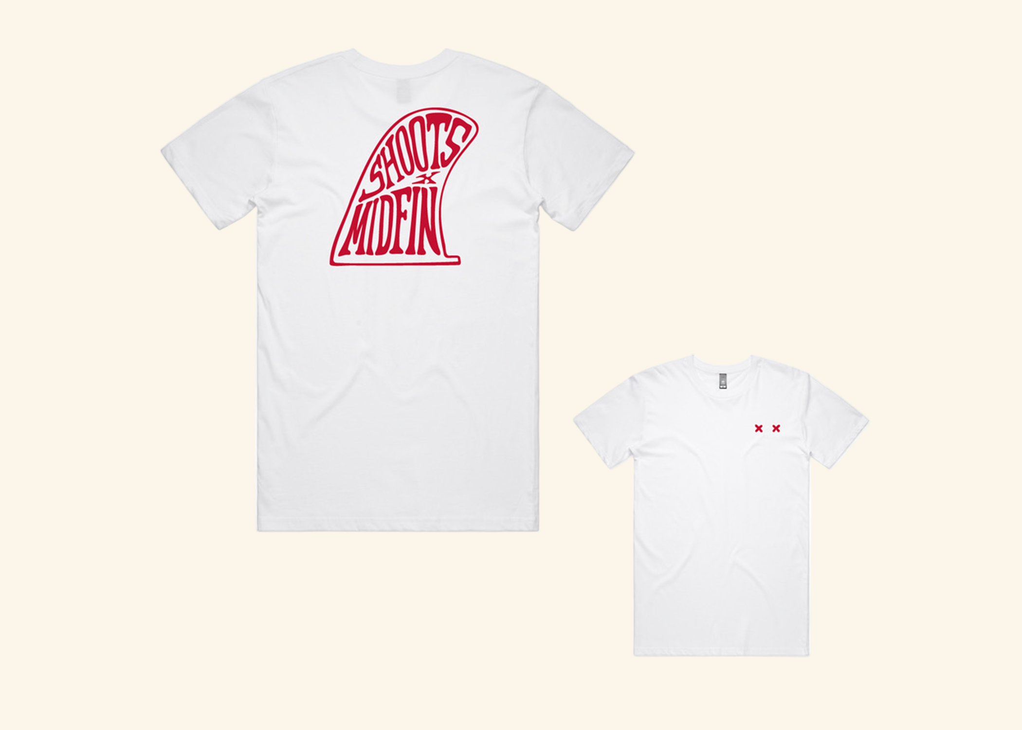White t-shirt with red graphic design on a white background